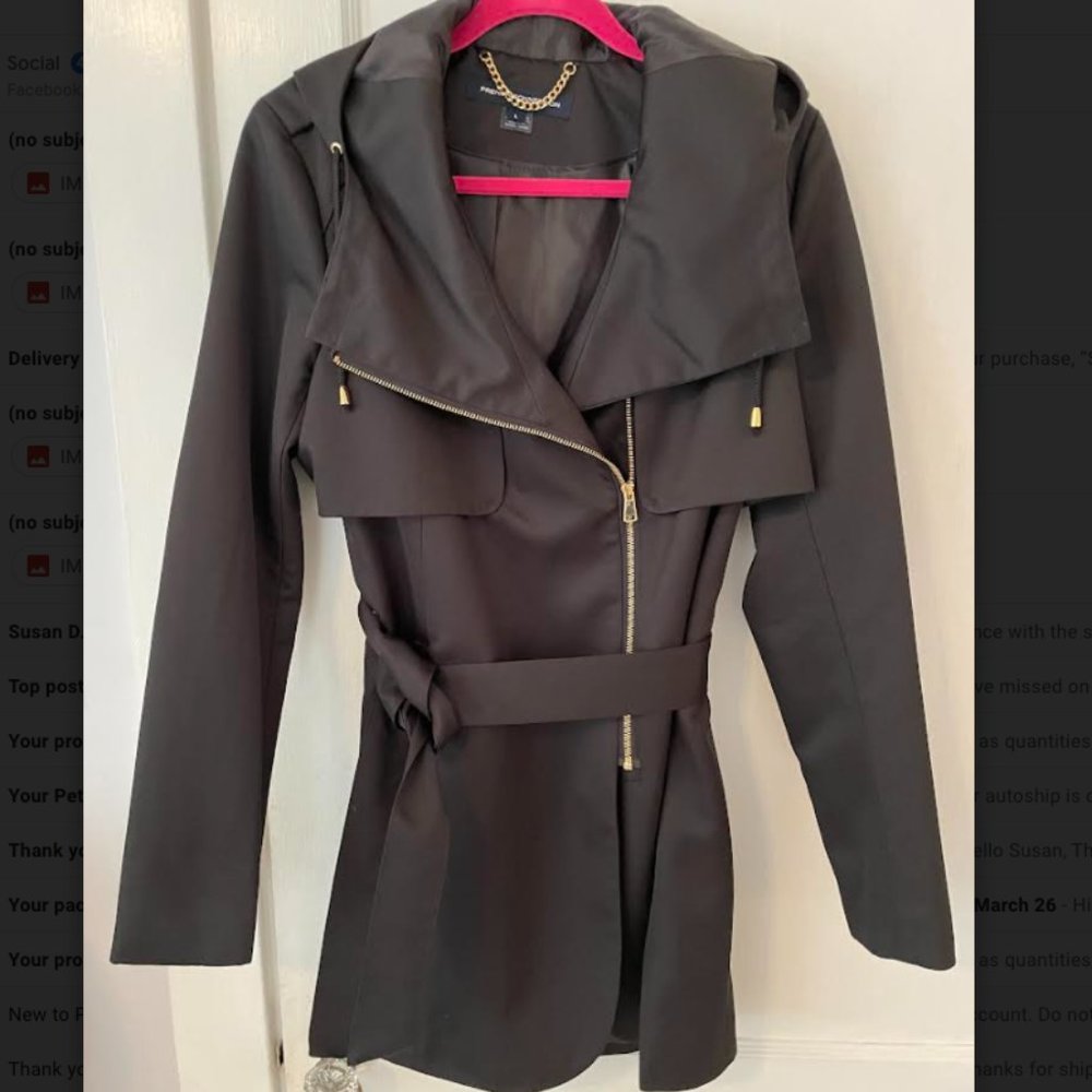 French Connection Charcoal Trench Coat with Gold Accents